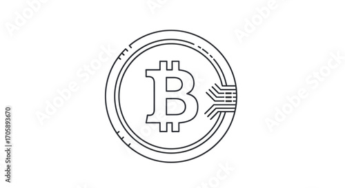 Bitcoin Cryptocurrency Coin Outline Icon with Circuit Details.