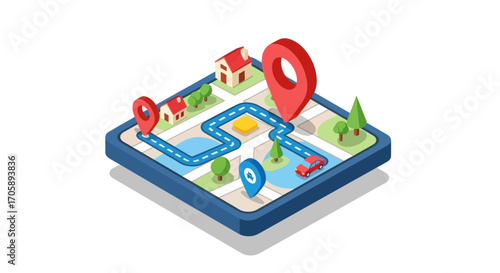 Isometric 3D map on a smartphone screen showing a GPS navigation route with location pins.