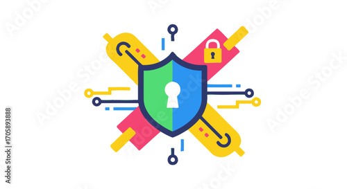 Cyber Security Shield with Keyhole and Circuit Design.