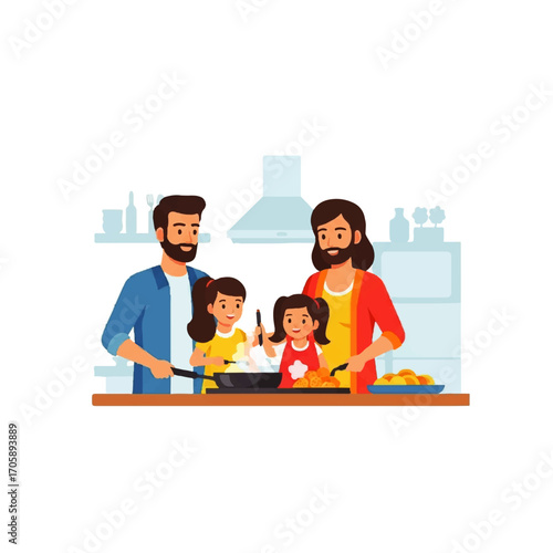 Family of four cooking together in the kitchen, father and mother helping their two daughters prepare a meal