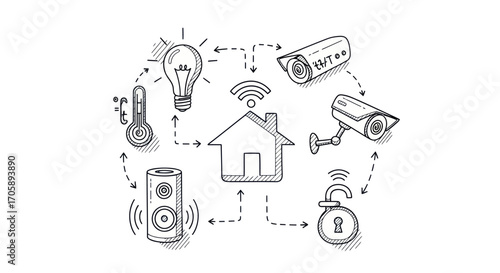 Hand-drawn illustration of a smart home system with connected devices.