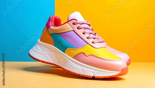 Stylish sneakers with colorful design soft sole and trendy fashion footwear appearance on plain colorful background
