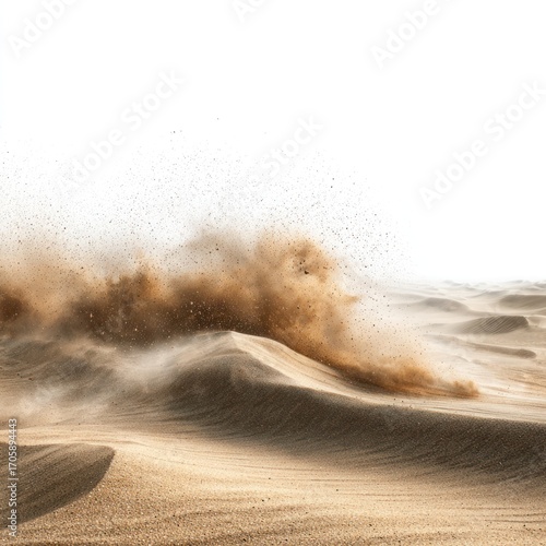 Sandy terrain with swirling grains, depicting a desolate and arid landscape under a bright sky. The wind whips across the dune, scattering particles