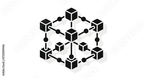 Black Blockchain Network Icon with Interconnected Cubes and Nodes.