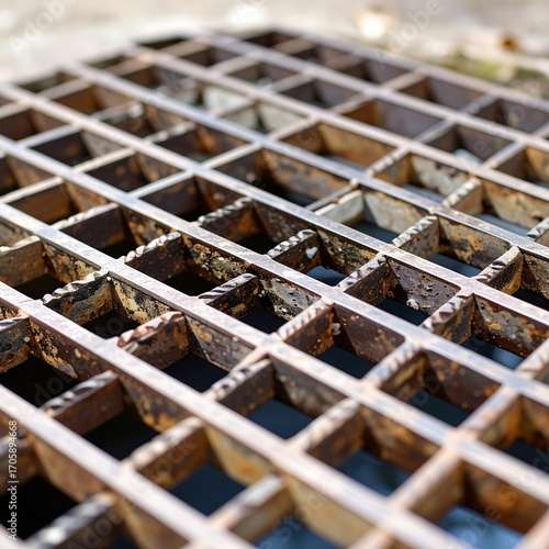 Close-up of a rusty metal grate, square grid pattern