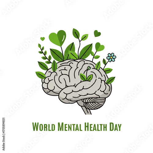 An illustration of a brain with plants growing from it, celebrating mental health.