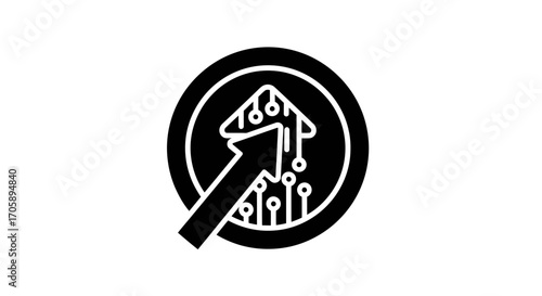 Black Technology Progress Arrow Icon with Circuit Board Design.