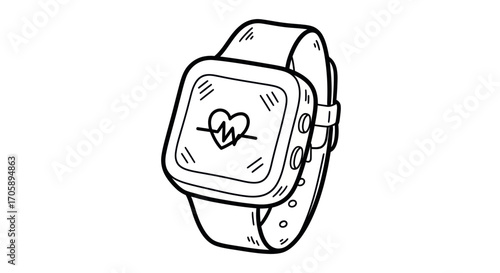 Smartwatch with Heart Rate Monitor Display Black and White Line Art.
