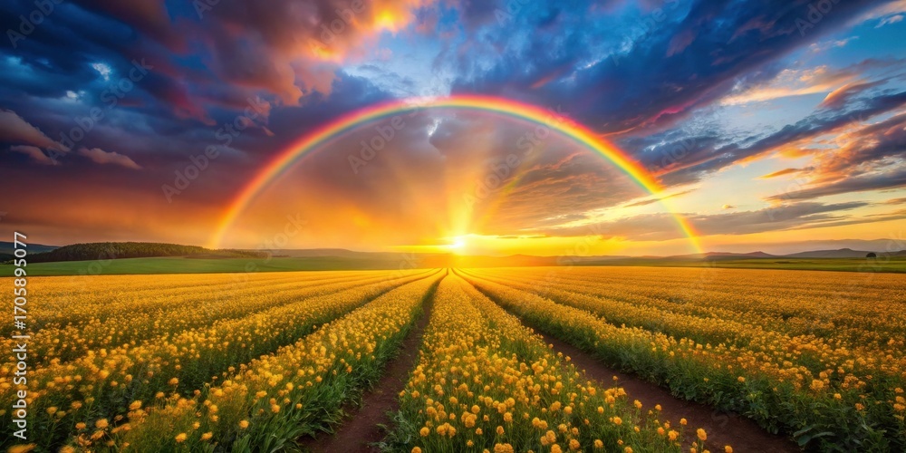 Obraz premium Vibrant Sunset over a Field of Yellow Blossoms with a Majestic Rainbow Arc