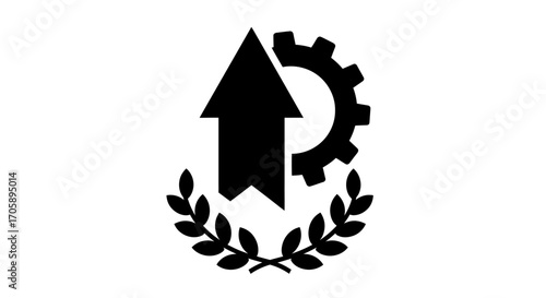 Black Vector Icon: Upward Arrow Gear and Laurel Wreath Symbolizing Performance Progress and Achievement.