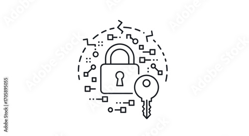 A line art icon of a padlock and key within a digital shield representing cybersecurity and data protection.