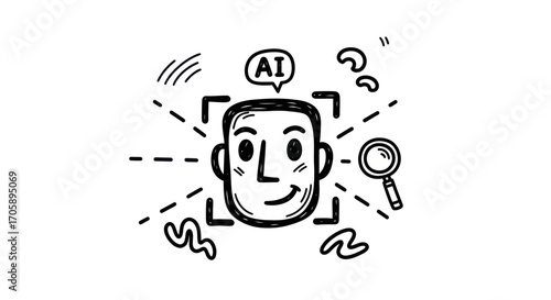 Hand-drawn AI Face Recognition Illustration with Square Frame and Magnifying Glass.
