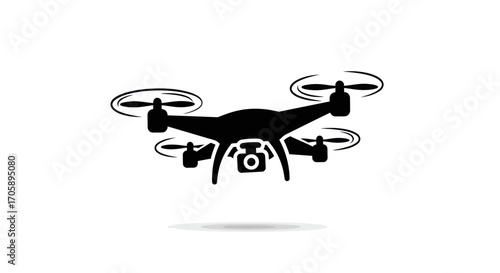 Black silhouette icon of a modern quadcopter drone with a camera.