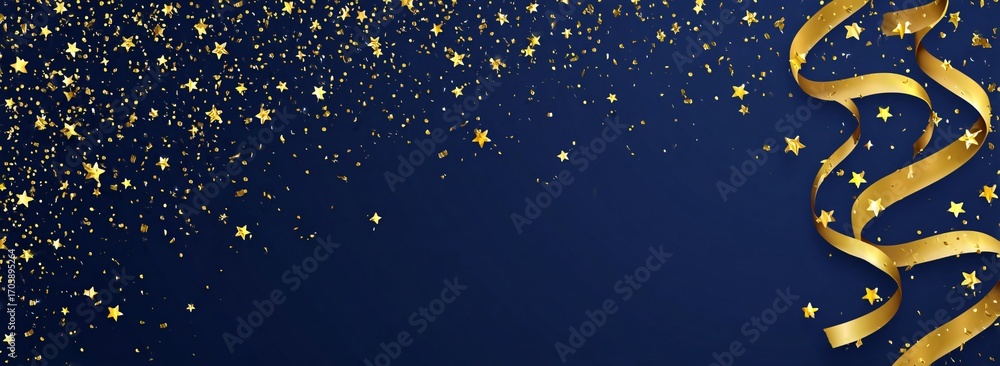 Obraz premium Gold confetti stars and ribbon on a dark blue celebration background