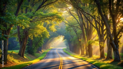 Sunlit Road Winding Through a Lush Canopy of Trees on a Misty Morning