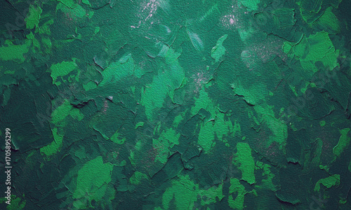 Abstract textured background with deep emerald green and dark teal brushstrokes creating a moody organic and painterly effect with a rough surface
