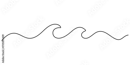 Continuous one line drawing of ocean wave minimal sea outline vector illustration. Waves continuous one line drawing. Hand drawn wave. Single continuous line drawing. Editable stroke