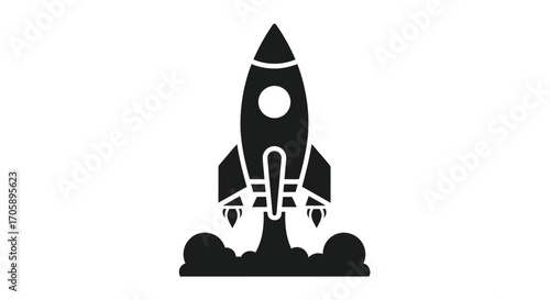 A flat black vector icon of a spaceship during liftoff with exhaust smoke and clouds.