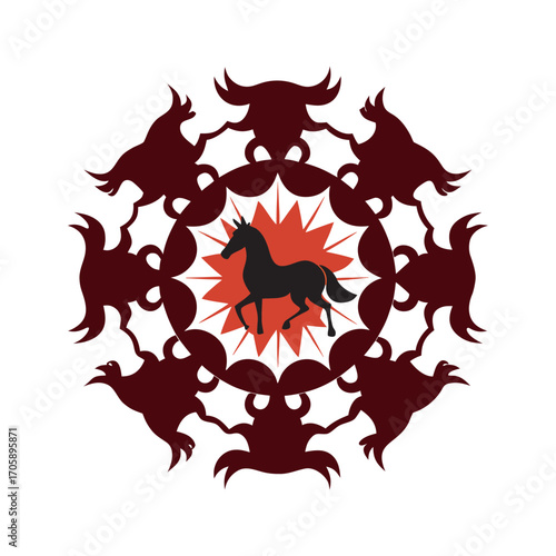 Mandala With Divine Horses Traditional Motif