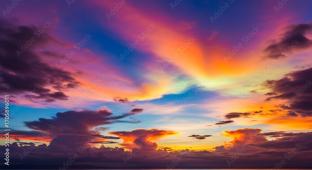 Fototapeta premium Celestial Radiance: A Majestic Sunset Symphony of Purple, Orange, and Glowing Anvil Clouds.