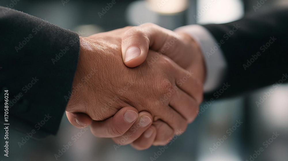 Obraz premium Deal Sealed: A close-up shot captures the firm handshake of two business partners, symbolizing a successful agreement and collaboration.
