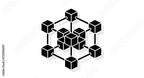 Black and white digital network of interconnected cubes representing blockchain technology.