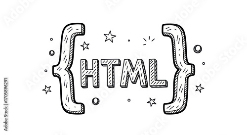 Hand-drawn HTML code symbol with stars and sparkles.