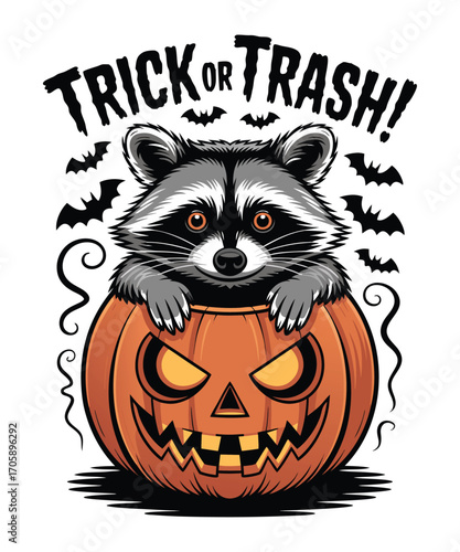 Illustration of raccoon in a jackolantern with trick or trash text t shirt design