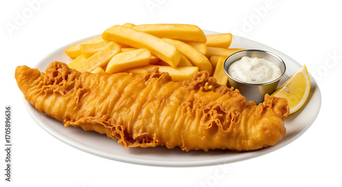 Crispy fried fish and chips are served on a white plate, a side of creamy sauce and lemon enhance the meal.