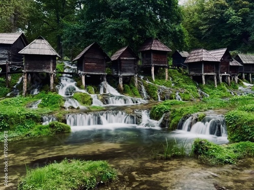 JAJCE, BOSNIA AND HERZEGOVINA, 09.10.2025, Watermills of Jajce located in the Plivsko Jezero Park