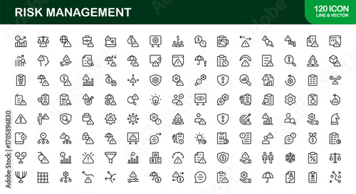 Professional Risk Management Icons with Minimal Line Art Covering Safety, Strategy, Compliance, and Analysis