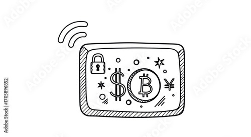 Hand-drawn Cryptocurrency Wallet with Dollar and Bitcoin Symbols.