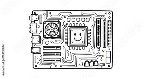 Hand-drawn illustration of a smiling computer motherboard with fan and ports.