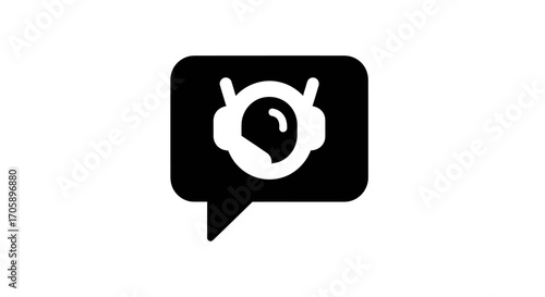 Black speech bubble icon with white robot head and headphones.