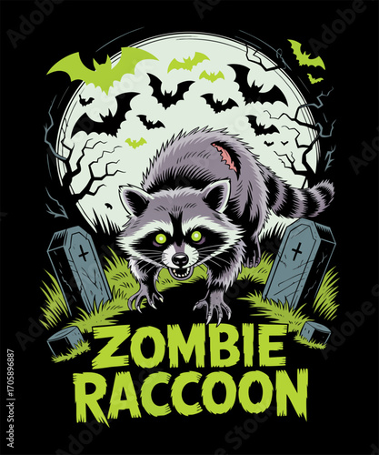 Illustration of zombie raccoon with glowing eyes in a graveyard with tombstones t shirt design
