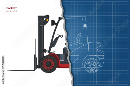 Red forklift drawing. Outline cargo loader. Side, front and top view of industrial machine. 3D model of warehouse transport. Logistic vehicle blueprint