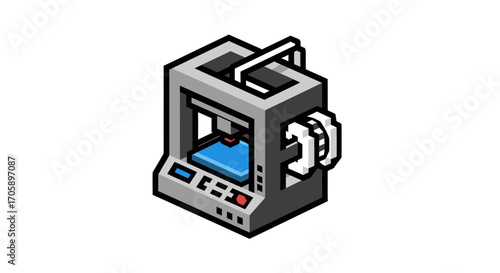 Isometric Pixel Art 3D Printer Icon with Blue Build Plate.
