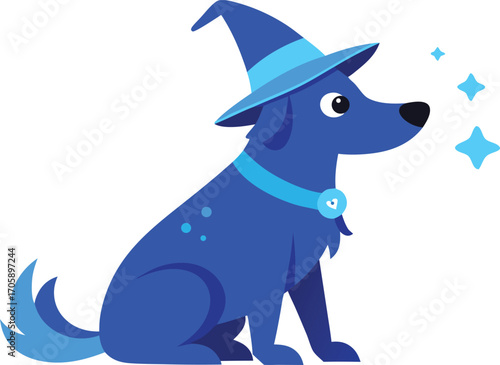 Funny vector cartoon illustration of a cute blue baby shark and a pet dog in the ocean