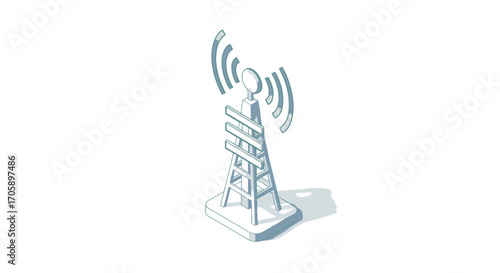 Isometric Communication Tower with Signal Waves.