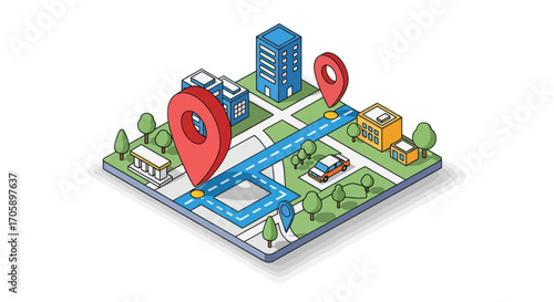Isometric City Map with Navigation Route and Location Pins.