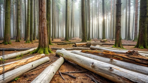 Misty Forest Path with Fallen Logs and Sunlight Filtering Through Trees