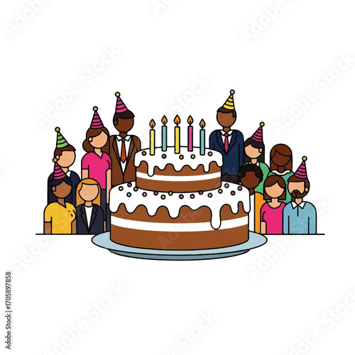 A group of diverse people gathered around a birthday cake with candles.