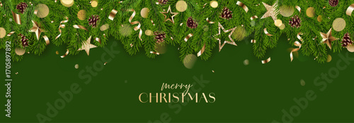 Christmas background, holidays card border, green banner