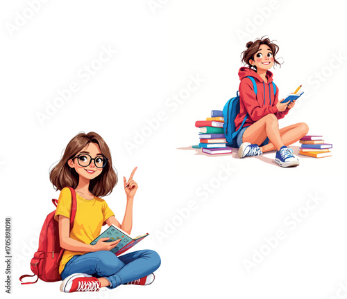 Vsai two female students studying and learning new concepts with books and backpacks
