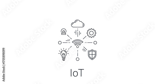 Internet of Things IoT concept icon showing a network of connected smart devices like cloud security and lighting.
