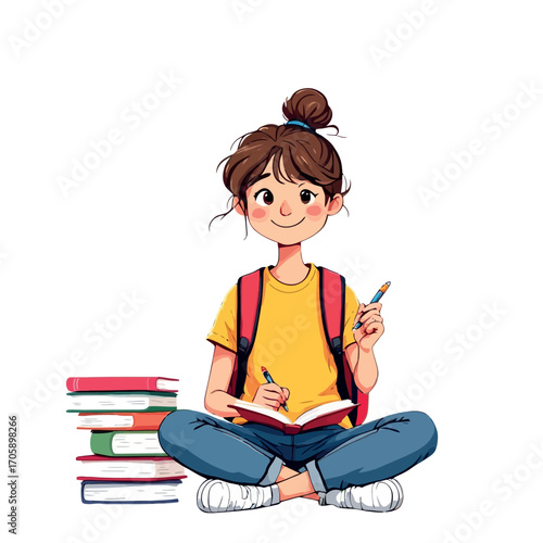 Vsai smart student girl studying and taking notes with backpack and books