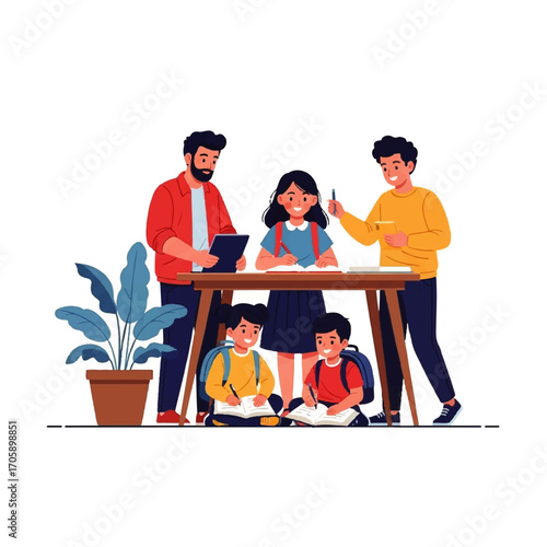 Family gathered around a table, assisting children with homework