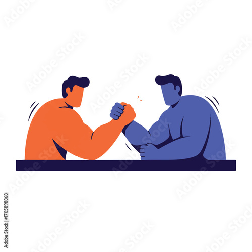 Vintage-style illustration of two men engaged in arm wrestling with a bold color scheme on a clean white background.