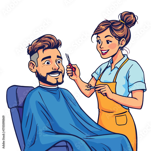 Vsai hairdresser cutting hair of smiling client in barbershop