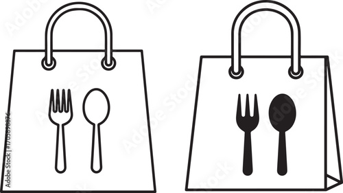 Two shopping bags with utensil icons silhouette